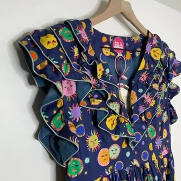 Celia B Atlas Dress Midi Navy Multi Womens New Size Medium Summer Belted - Picture 7 of 16